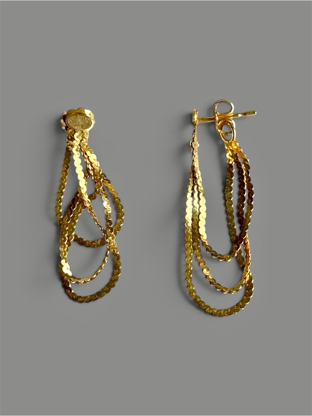 14K Gold Triple Chain Pierced Dangle Earrings